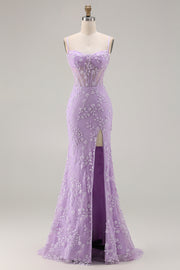 Purple Mermaid Sheer Corset Spaghetti Straps Lace Beaded Long Prom Dress with Slit