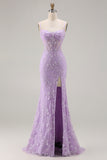 Purple Mermaid Sheer Corset Spaghetti Straps Lace Beaded Long Prom Dress with Slit