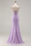 Purple Mermaid Spaghetti Straps Sheer Corset Lace Beaded Long Prom Dress with Slit