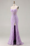 Purple Mermaid Sheer Corset Spaghetti Straps Lace Beaded Long Prom Dress with Slit