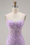 Purple Mermaid Sheer Corset Spaghetti Straps Lace Beaded Long Prom Dress with Slit