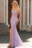Purple Mermaid Spaghetti Straps Sheer Corset Lace Beaded Long Prom Dress with Slit