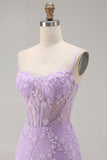 Purple Mermaid Sheer Corset Spaghetti Straps Lace Beaded Long Prom Dress with Slit