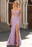 Purple Mermaid Spaghetti Straps Sheer Corset Lace Beaded Long Prom Dress with Slit