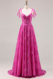 Fuchsia A-Line Beaded Floral Burnot Long Prom Dress with Lace Up Back