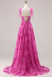Fuchsia A-Line Beaded Floral Burnot Long Prom Dress with Lace Up Back