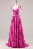 Fuchsia A-Line Beaded Floral Burnot Long Prom Dress with Lace Up Back