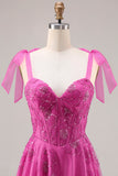 Fuchsia A-Line Beaded Floral Burnot Long Prom Dress with Lace Up Back
