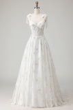 White Embroidered Tulle Corset A-Line Long Wedding Dress with Bow Knot