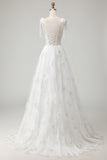 White Embroidered Tulle Corset A-Line Long Wedding Dress with Bow Knot