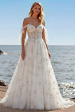 White Embroidered Tulle Corset A-Line Long Wedding Dress with Bow Knot