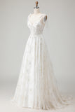 White Embroidered Tulle Corset A-Line Long Wedding Dress with Bow Knot