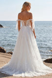 White Embroidered Tulle Corset A-Line Long Wedding Dress with Bow Knot