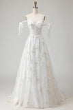 White Embroidered Tulle Corset A-Line Long Wedding Dress with Bow Knot