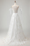 White Embroidered Tulle Corset A-Line Long Wedding Dress with Bow Knot
