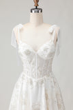 White Embroidered Tulle Corset A-Line Long Wedding Dress with Bow Knot