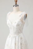 White Embroidered Tulle Corset A-Line Long Wedding Dress with Bow Knot