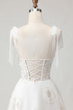 White Embroidered Tulle Corset A-Line Long Wedding Dress with Bow Knot