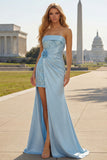 Blue Strapless Mermaid 3D Flower Sequin Long Prom Dress with Slit