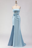 Blue Strapless Mermaid 3D Flower Sequin Long Prom Dress with Slit