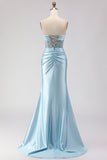 Blue Strapless Mermaid 3D Flower Sequin Long Prom Dress with Slit
