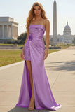 Strapless Purple Mermaid 3D Flower Sequin Long Prom Dress with Slit