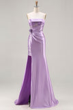 Strapless Purple Mermaid 3D Flower Sequin Long Prom Dress with Slit