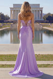 Strapless Purple Mermaid 3D Flower Sequin Long Prom Dress with Slit