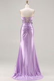 Strapless Purple Mermaid 3D Flower Sequin Long Prom Dress with Slit