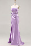 Strapless Purple Mermaid 3D Flower Sequin Long Prom Dress with Slit