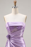 Strapless Purple Mermaid 3D Flower Sequin Long Prom Dress with Slit