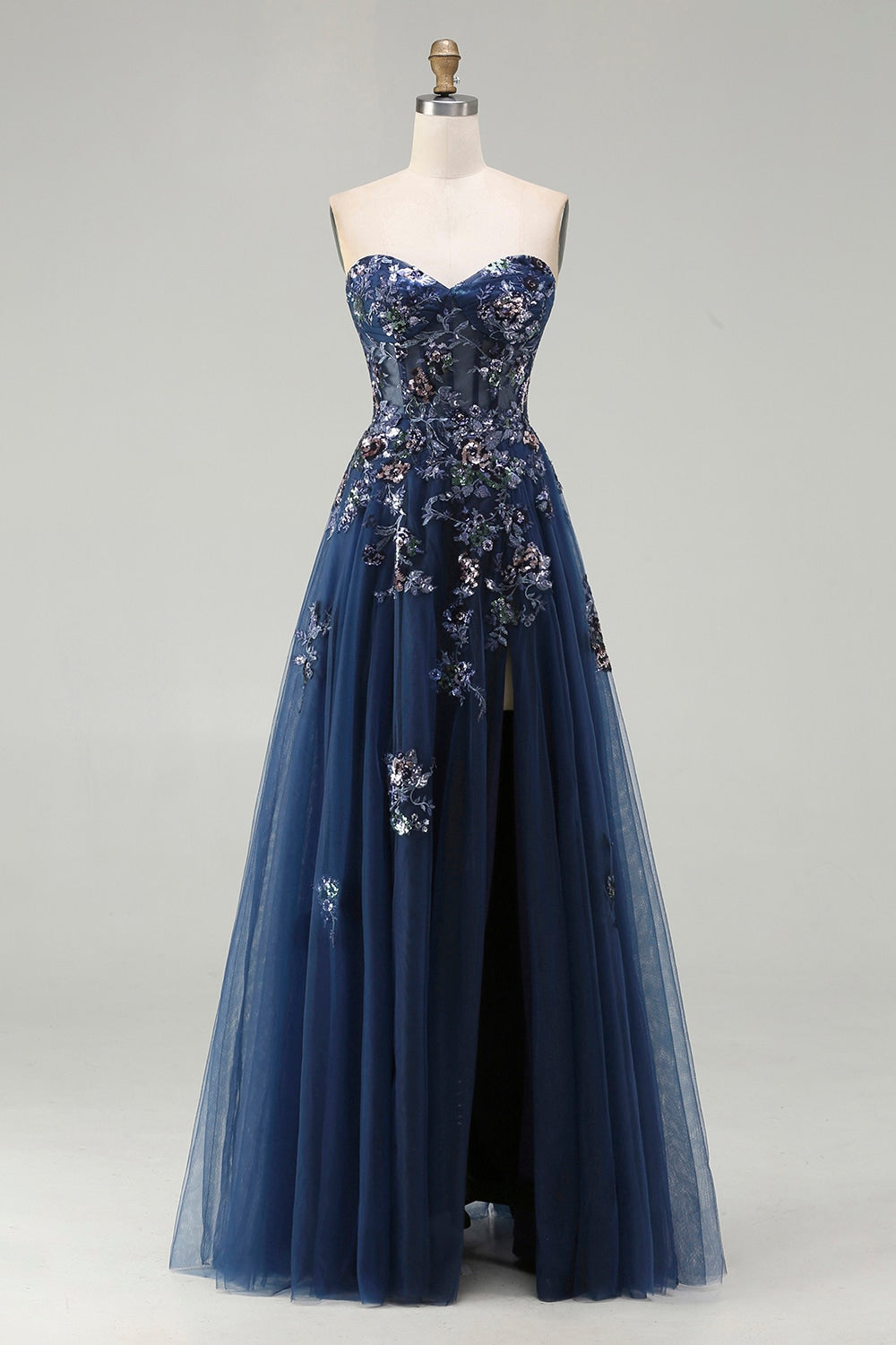 Zapaka Women Navy Sweetheart Long Prom Dress with Slit A Line Corset Sequin Party Dress with Lace Up Back, Navy / US18W Zapaka Women Navy Sweetheart Long Prom Dress with Slit A Line Corset Sequin Party Dress with Lace Up Back, Navy / US18W
