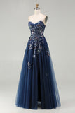 Navy Sweetheart A Line Sequin Corset Long Prom Dress with Slit