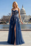 Navy Sweetheart A Line Sequin Corset Long Prom Dress with Slit