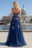 Navy Sweetheart A Line Sequin Corset Long Prom Dress with Slit