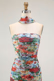 Strapless Blue Red Flower Neck Scarf Ruched Wedding Guest Dress with Slit