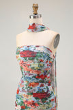 Strapless Blue Red Flower Neck Scarf Ruched Wedding Guest Dress with Slit