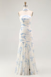 White Blue Flower Sheath Strapless Velvet Burnout Wedding Guest Dress with Slit