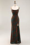 Dark Green Sheath Printed Long Bridesmaid Dress With Slit