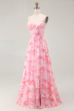 Pink Floral Corset A Line Spaghetti Straps Maxi Dress with Slit