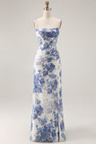 White Blue Floral Corset Sheath Cowl Neck Long Bridesmaid Dress with Streamer