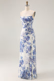 White Blue Floral Corset Sheath Cowl Neck Long Bridesmaid Dress with Streamer