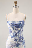 White Blue Floral Corset Sheath Cowl Neck Long Bridesmaid Dress with Streamer