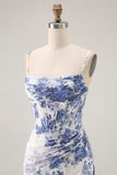 White Blue Floral Corset Sheath Cowl Neck Long Bridesmaid Dress with Streamer