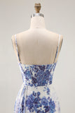 White Blue Floral Corset Sheath Cowl Neck Long Bridesmaid Dress with Streamer
