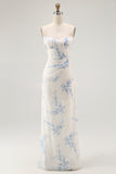 White Blue Flower Sheath Velvet Burnout Corset Wedding Guest Dress