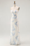 White Blue Flower Sheath Velvet Burnout Corset Wedding Guest Dress