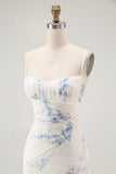 White Blue Flower Sheath Velvet Burnout Corset Wedding Guest Dress