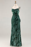 Dark Green Velvet Sheath Velvet Burnout Long Prom Dress