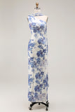 One Shoulder Blue Floral Sheath Bridesmaid Dress With Shawl